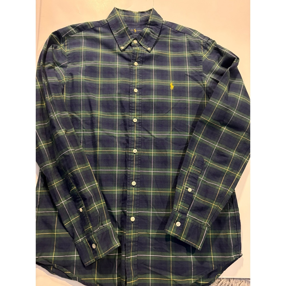 Ralph Lauren Mens Medium Plaid Button Down Shirt‎ Green Blue Pony